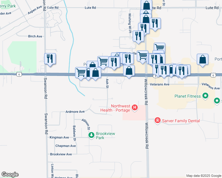 map of restaurants, bars, coffee shops, grocery stores, and more near 5878 Creekview Court East in Portage
