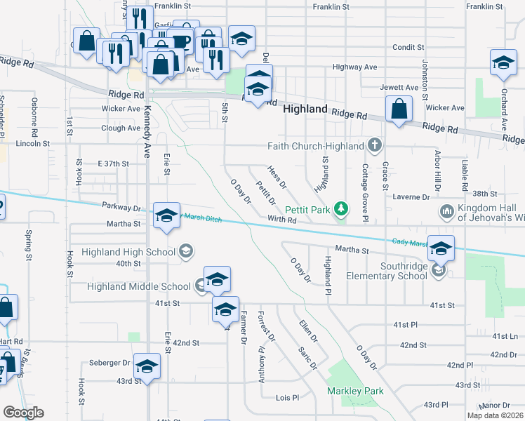 map of restaurants, bars, coffee shops, grocery stores, and more near 3104 Wirth Rd in Highland