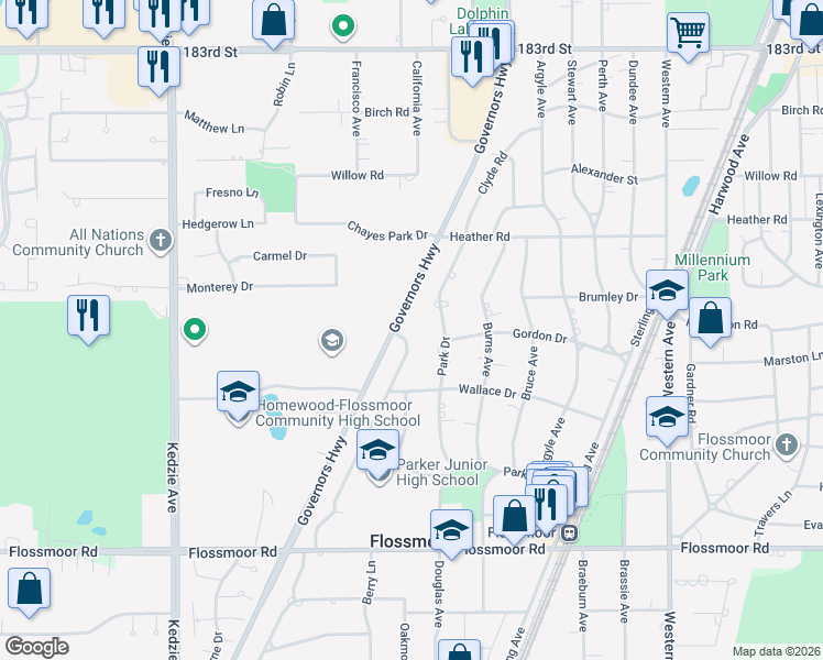 map of restaurants, bars, coffee shops, grocery stores, and more near 725 Braemar Road in Flossmoor