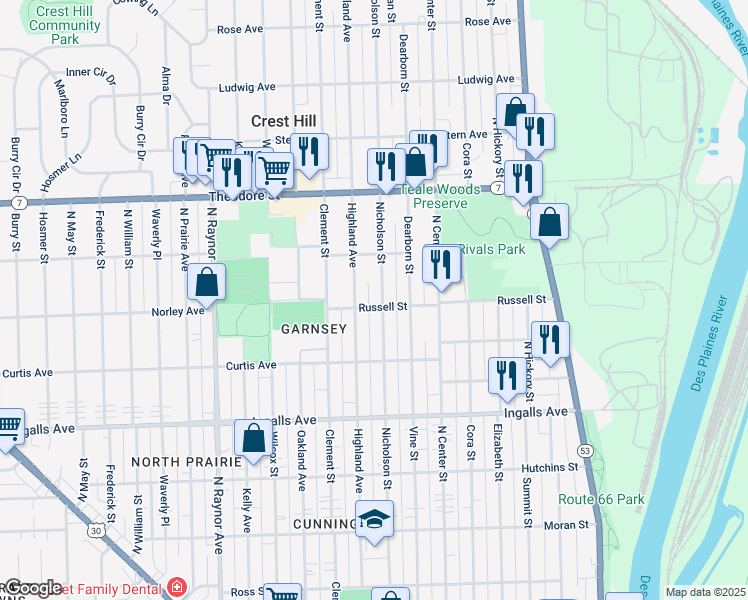 map of restaurants, bars, coffee shops, grocery stores, and more near 500 Russell Street in Joliet