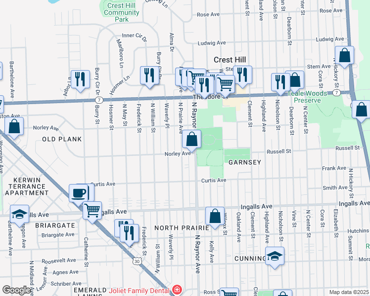 map of restaurants, bars, coffee shops, grocery stores, and more near 808 Norley Avenue in Joliet