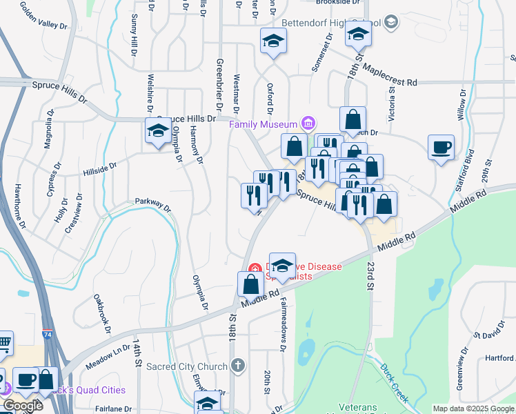 map of restaurants, bars, coffee shops, grocery stores, and more near 2420 18th Street in Bettendorf