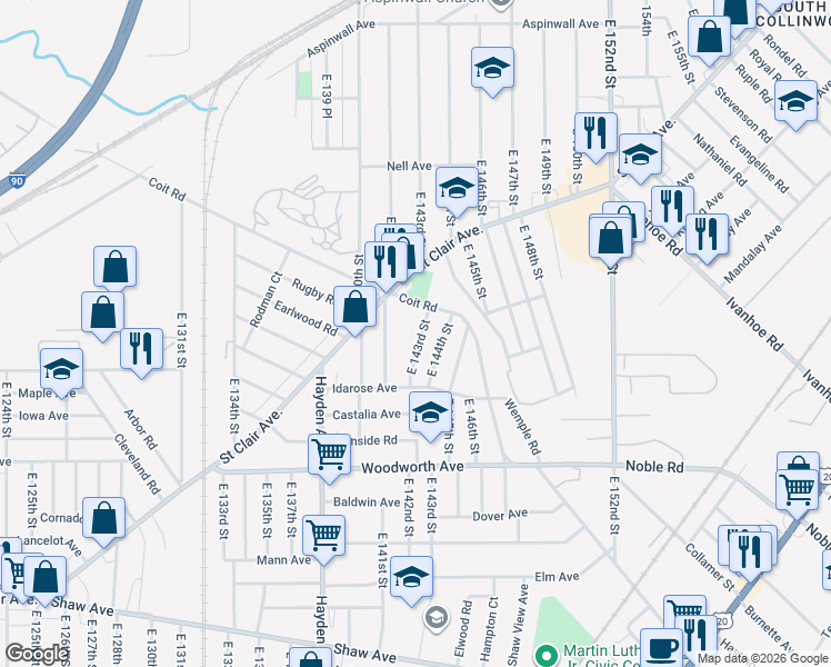 map of restaurants, bars, coffee shops, grocery stores, and more near 1116 East 143rd Street in Cleveland