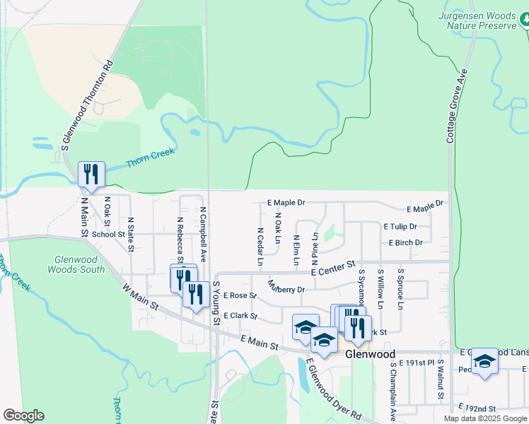 map of restaurants, bars, coffee shops, grocery stores, and more near 127 North Cedar Lane in Glenwood