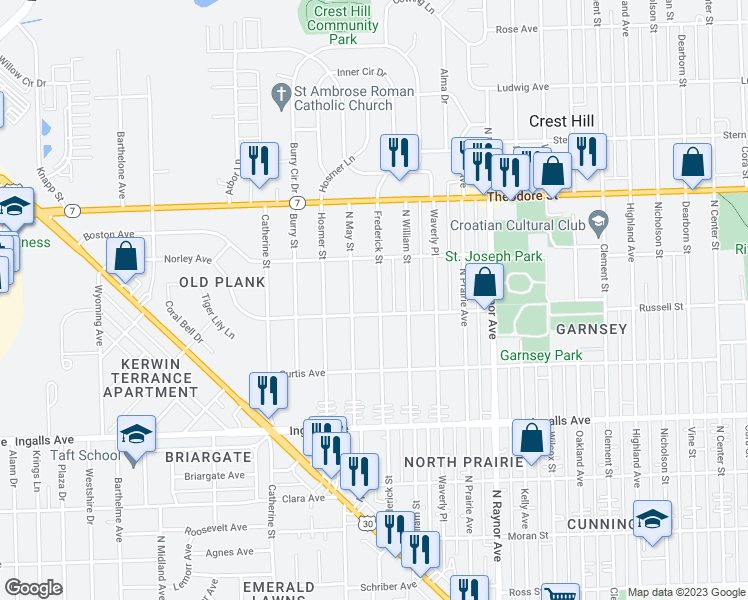 map of restaurants, bars, coffee shops, grocery stores, and more near 1407 Frederick Street in Joliet