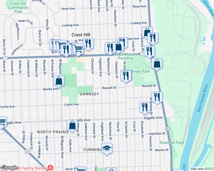 map of restaurants, bars, coffee shops, grocery stores, and more near 500 Russell Street in Joliet