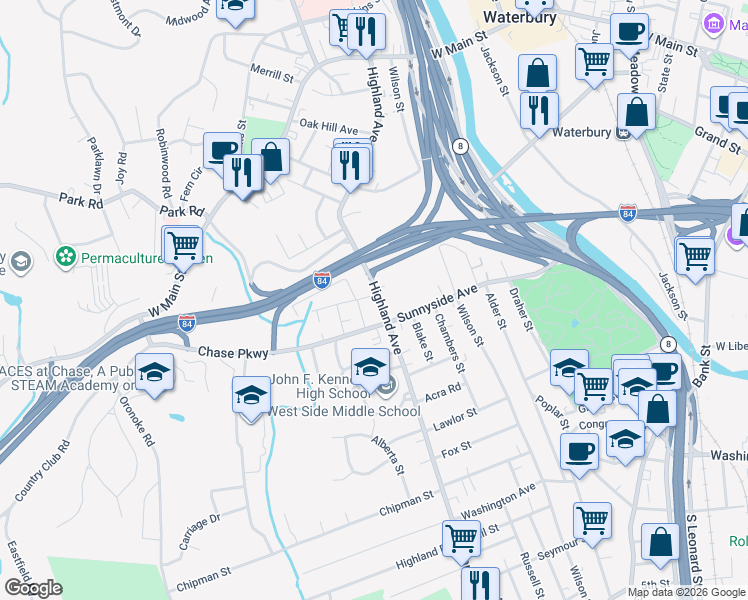 map of restaurants, bars, coffee shops, grocery stores, and more near 326 Highland Avenue in Waterbury