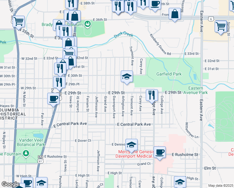 map of restaurants, bars, coffee shops, grocery stores, and more near 2808 Arlington Avenue in Davenport