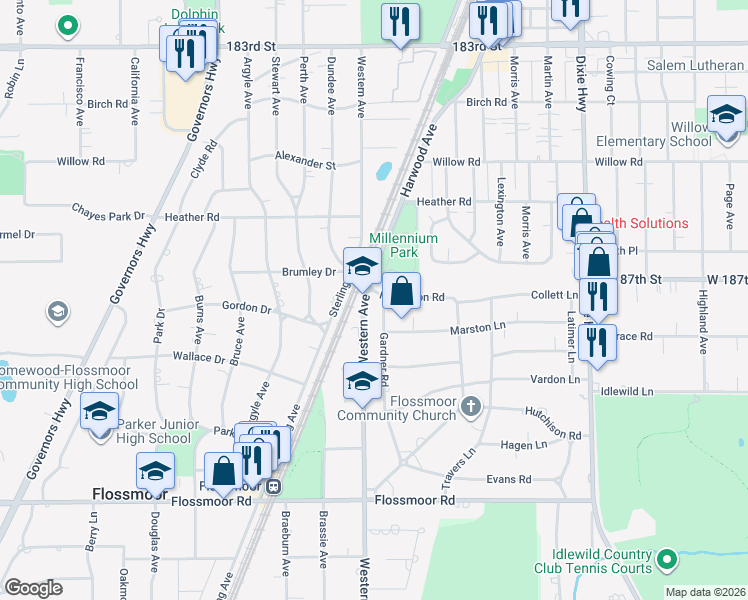 map of restaurants, bars, coffee shops, grocery stores, and more near 700 Western Avenue in Flossmoor