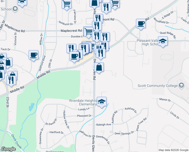map of restaurants, bars, coffee shops, grocery stores, and more near 2505 Devils Glen Road in Bettendorf
