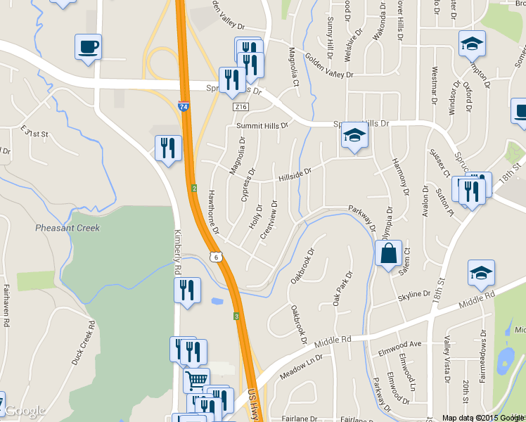 map of restaurants, bars, coffee shops, grocery stores, and more near 2607 Holly Drive in Bettendorf