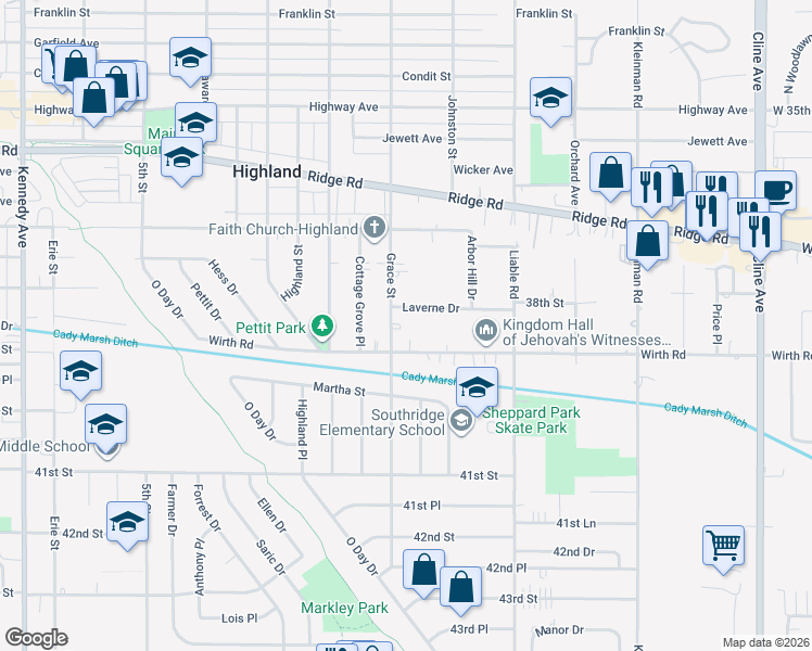 map of restaurants, bars, coffee shops, grocery stores, and more near 9031 Grace Street in Highland