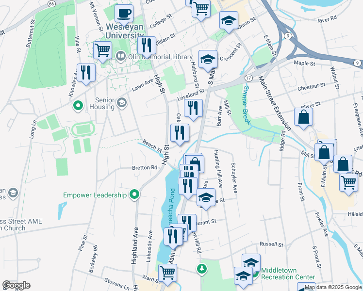 map of restaurants, bars, coffee shops, grocery stores, and more near 69 Warwick Street in Middletown