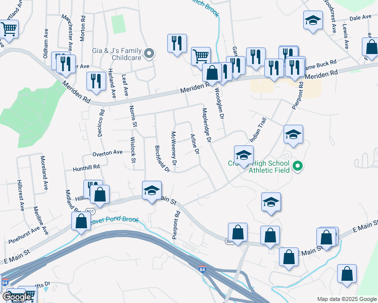 map of restaurants, bars, coffee shops, grocery stores, and more near 24 McWeeney Drive in Waterbury