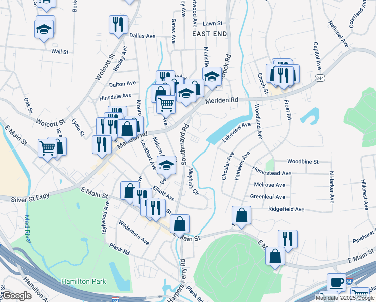 map of restaurants, bars, coffee shops, grocery stores, and more near 176 Southmayd Road in Waterbury