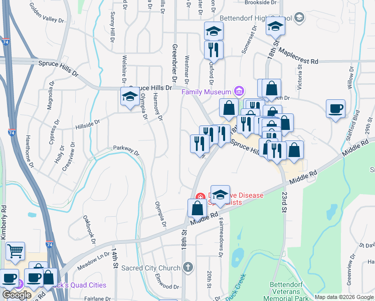map of restaurants, bars, coffee shops, grocery stores, and more near 2515 Avalon Drive in Bettendorf