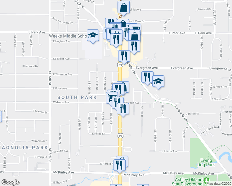 map of restaurants, bars, coffee shops, grocery stores, and more near in Des Moines