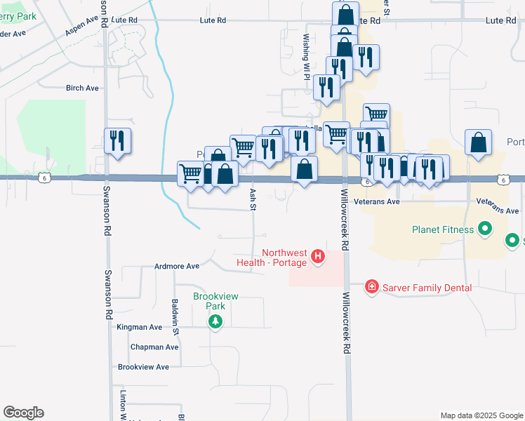 map of restaurants, bars, coffee shops, grocery stores, and more near 3555 Ash Street in Portage