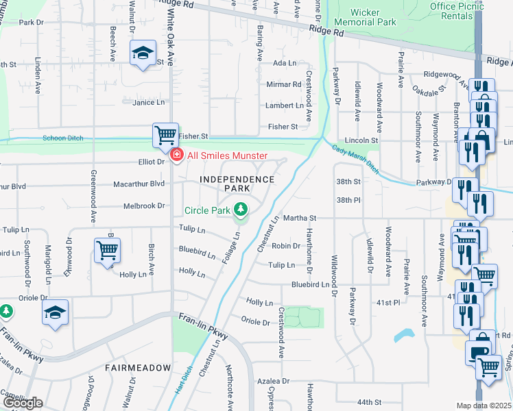 map of restaurants, bars, coffee shops, grocery stores, and more near 9100 Chestnut Ln in Munster