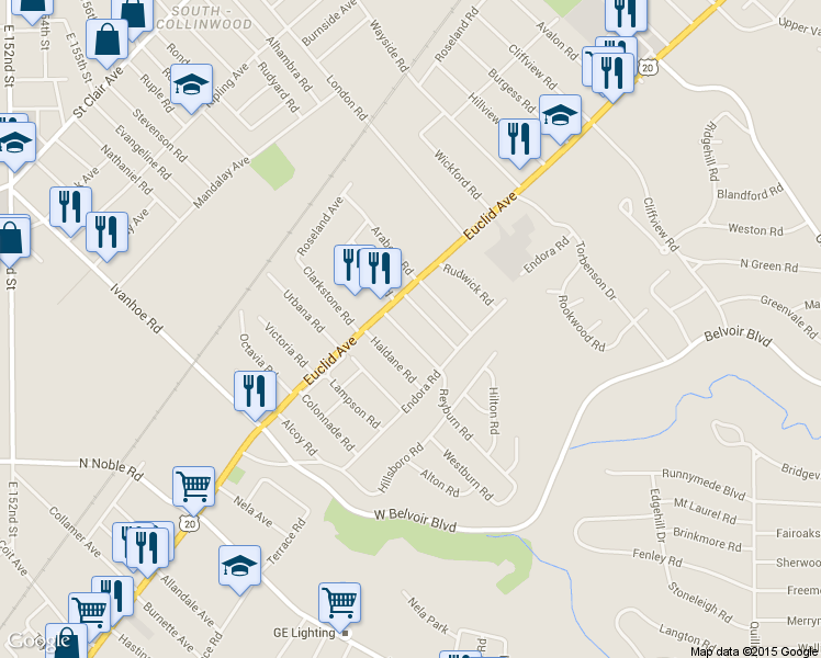 map of restaurants, bars, coffee shops, grocery stores, and more near 1860 Reyburn Road in Cleveland