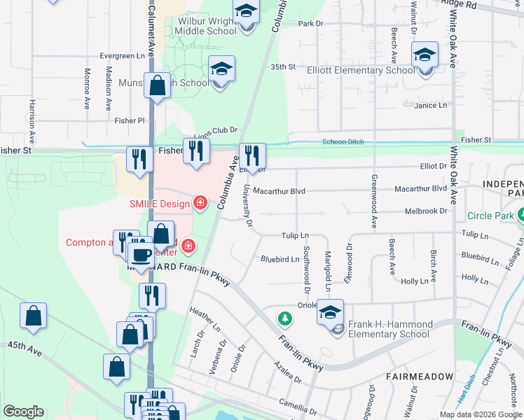 map of restaurants, bars, coffee shops, grocery stores, and more near 9049 University Drive in Munster