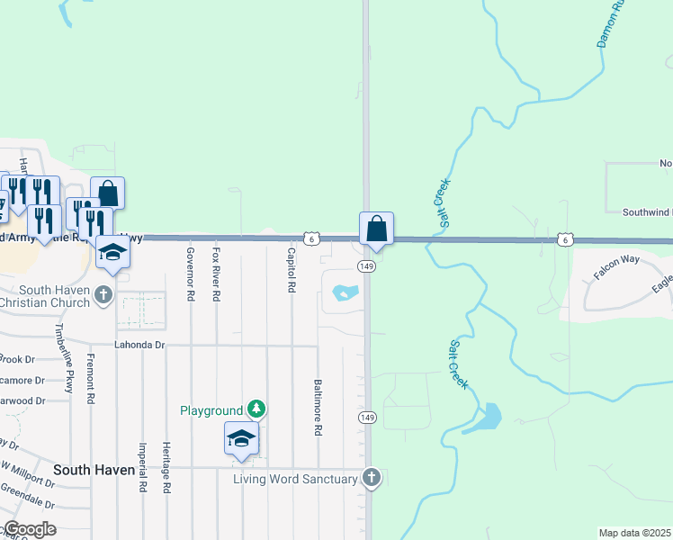 map of restaurants, bars, coffee shops, grocery stores, and more near 796 Baltimore Road in Valparaiso
