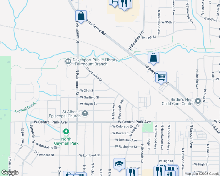 map of restaurants, bars, coffee shops, grocery stores, and more near W 29th St & Heatherton Dr in Davenport