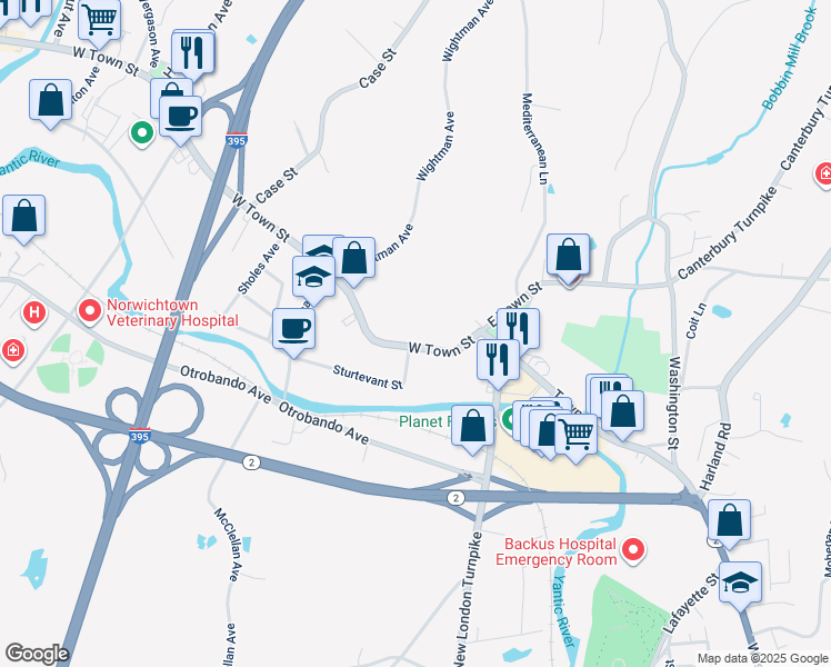 map of restaurants, bars, coffee shops, grocery stores, and more near 29 West Town Street in Norwich