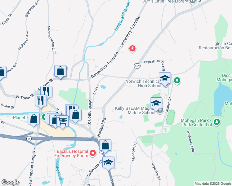 map of restaurants, bars, coffee shops, grocery stores, and more near 129 Harland Rd in Norwich