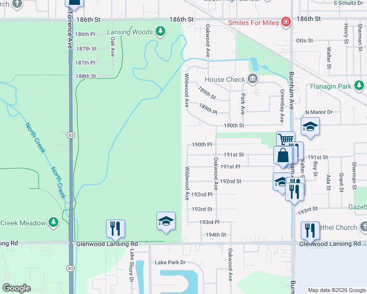 map of restaurants, bars, coffee shops, grocery stores, and more near 19042 Wildwood Avenue in Lansing
