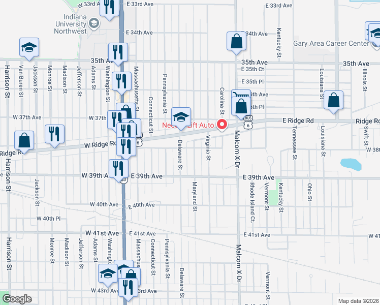 map of restaurants, bars, coffee shops, grocery stores, and more near 3853 Delaware Street in Gary
