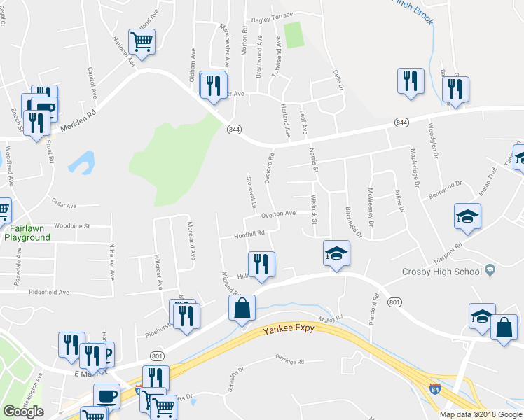 map of restaurants, bars, coffee shops, grocery stores, and more near 86 Overton Avenue in Waterbury