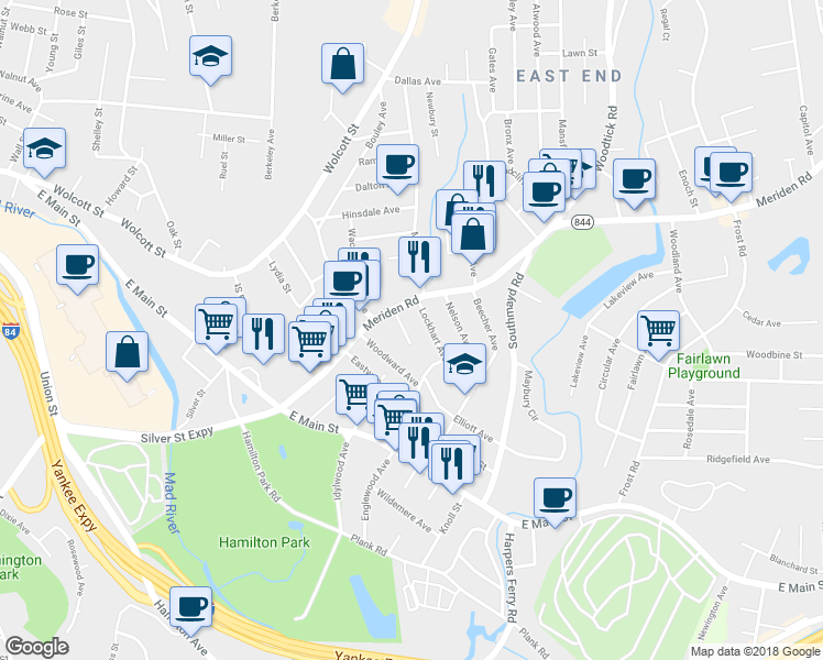 map of restaurants, bars, coffee shops, grocery stores, and more near 33 Hungerford Avenue in Waterbury