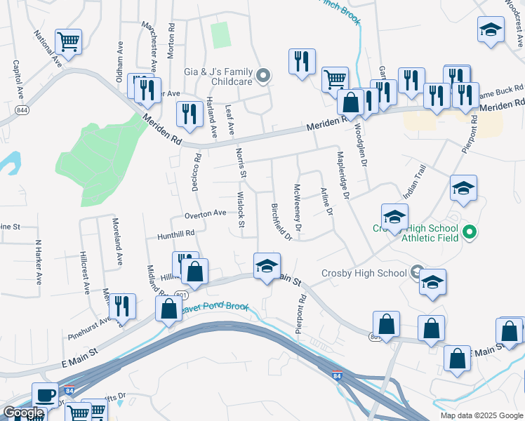 map of restaurants, bars, coffee shops, grocery stores, and more near 141 Norris Street in Waterbury
