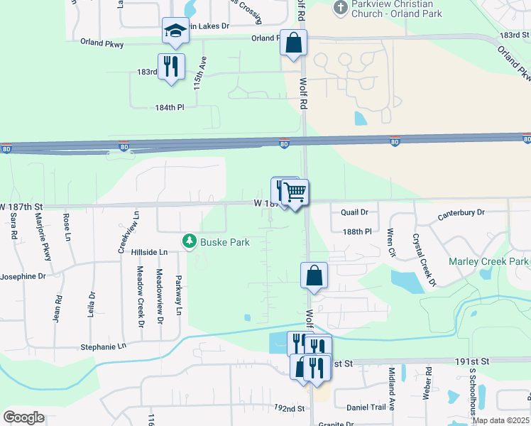 map of restaurants, bars, coffee shops, grocery stores, and more near 18722 South Mill Creek Drive in Mokena