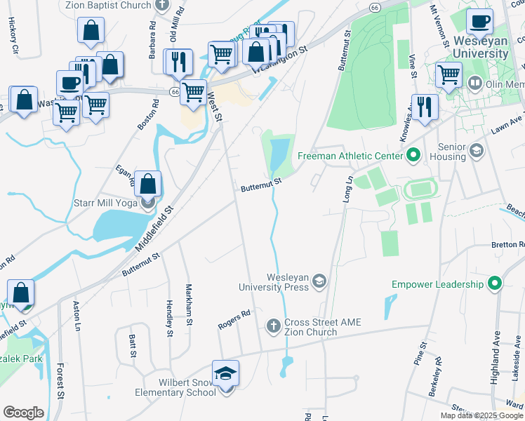 map of restaurants, bars, coffee shops, grocery stores, and more near 322 Butternut Street in Middletown