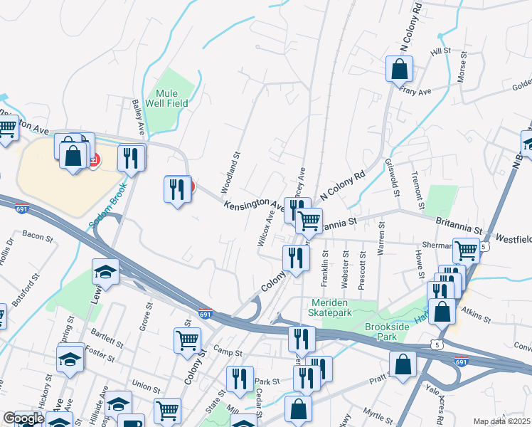 map of restaurants, bars, coffee shops, grocery stores, and more near 15 Colony Place in Meriden