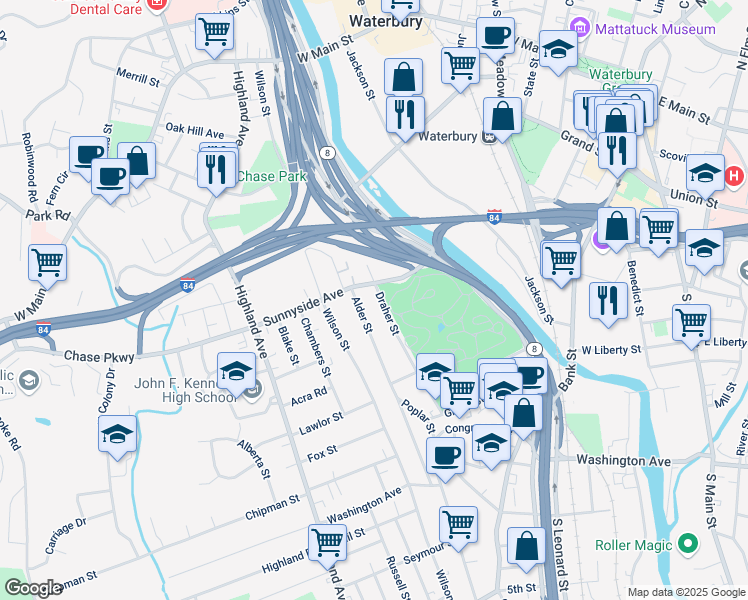 map of restaurants, bars, coffee shops, grocery stores, and more near 125 Draher Street in Waterbury