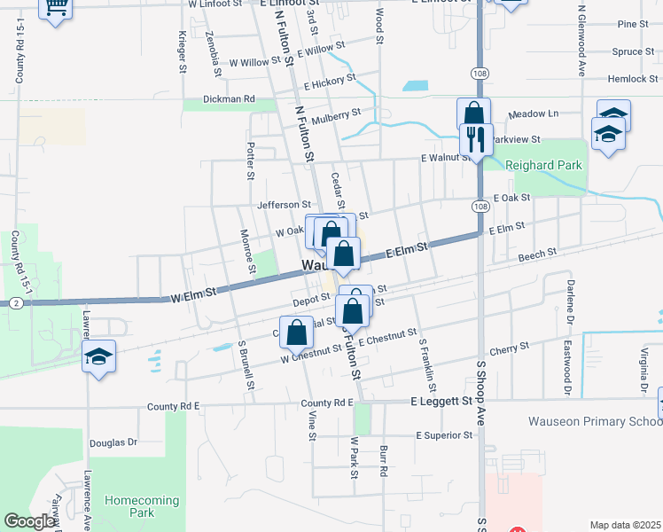 map of restaurants, bars, coffee shops, grocery stores, and more near in Wauseon