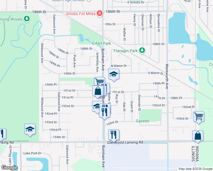 map of restaurants, bars, coffee shops, grocery stores, and more near 3230 191st Street in Lansing