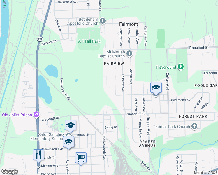 map of restaurants, bars, coffee shops, grocery stores, and more near 1301 Fairmount Avenue in Joliet