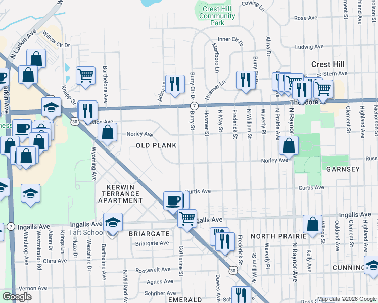 map of restaurants, bars, coffee shops, grocery stores, and more near 1400 Burry Street in Joliet