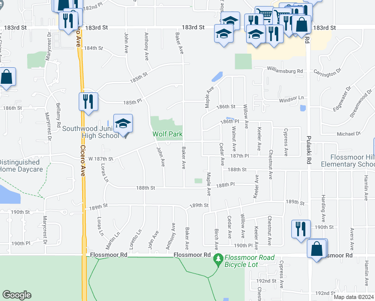 map of restaurants, bars, coffee shops, grocery stores, and more near 18709 Baker Avenue in Country Club Hills