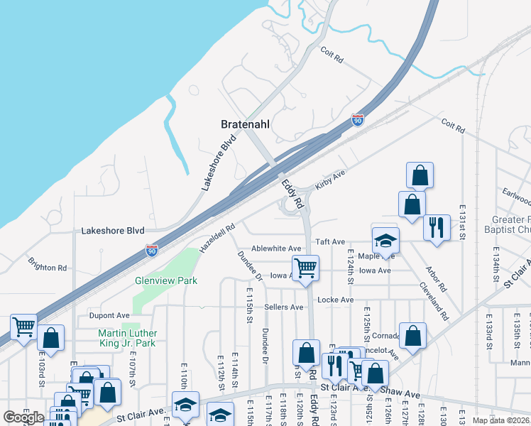 map of restaurants, bars, coffee shops, grocery stores, and more near 11601 Rutland Avenue in Cleveland