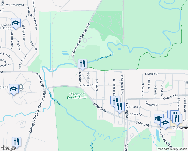 map of restaurants, bars, coffee shops, grocery stores, and more near 115 North State Street in Glenwood