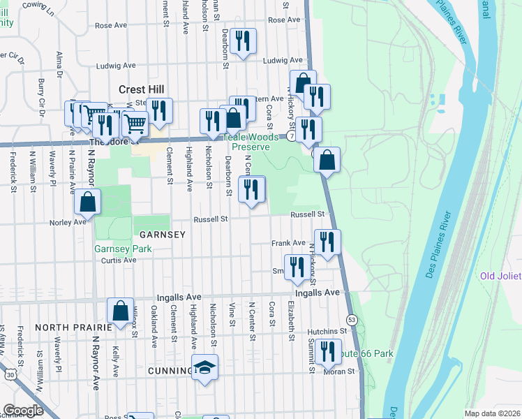 map of restaurants, bars, coffee shops, grocery stores, and more near 1318 North Center Street in Joliet