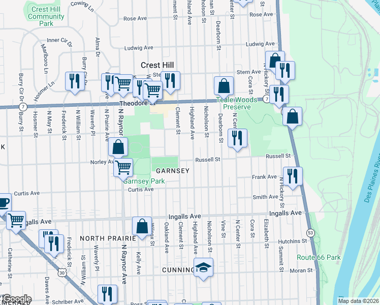 map of restaurants, bars, coffee shops, grocery stores, and more near 1407 Highland Avenue in Joliet