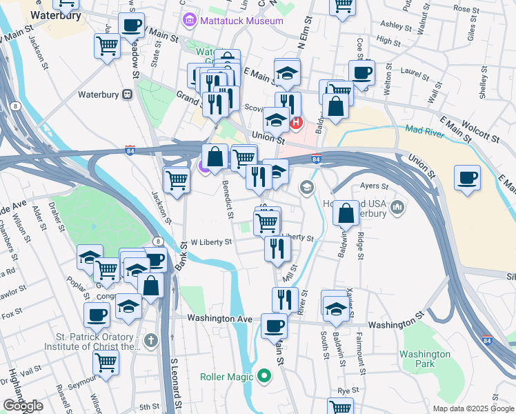 map of restaurants, bars, coffee shops, grocery stores, and more near 15 West Dover Street in Waterbury