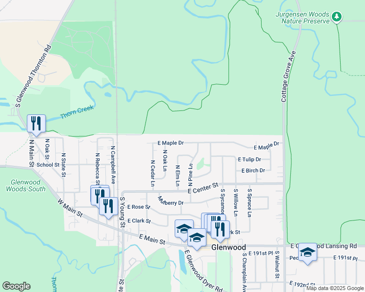 map of restaurants, bars, coffee shops, grocery stores, and more near 216 East Maple Drive in Glenwood