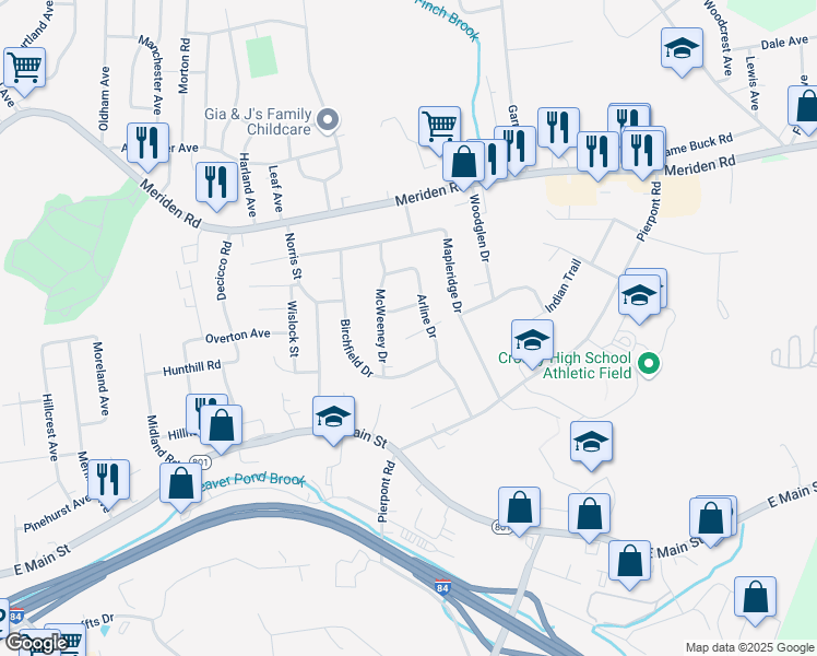 map of restaurants, bars, coffee shops, grocery stores, and more near 52 Fernwood Avenue in Waterbury
